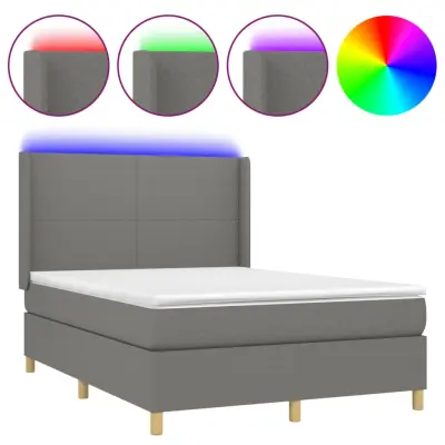 vidaXL Box spring postelja z vzmetnico LED temno siva 140x190 cm blago
