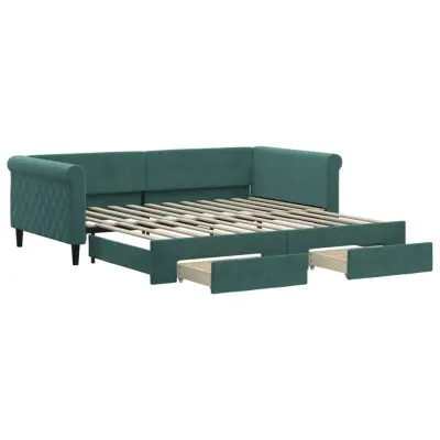 vidaXL Izvlečna dnevna postelja s predali tm. zelena 100x200 cm žamet