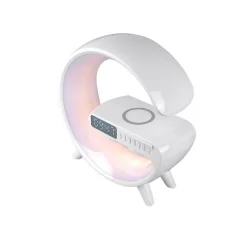 Namizna RGB LED svetilka z brezžičnim polnilcem / bluetooth zvočnik / FM / USB / micro SD / AUX / ura /alarm