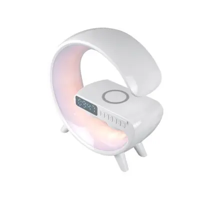 Namizna RGB LED svetilka z brezžičnim polnilcem / bluetooth zvočnik / FM / USB / micro SD / AUX / ura /alarm