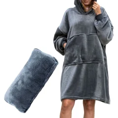 Mehka odeja z rokavi in kapuco / kopalni plašč / vzglavnik / pulover 4v1 ena velikost siva