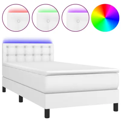 vidaXL Box spring postelja z vzmetnico LED bela 90x200 cm umetno usnje