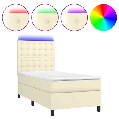 vidaXL Box spring postelja z vzmetnico LED krem 90x200 cm umetno usnje