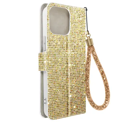 Ovitek z blešcicami za iPhone 14 Pro Max, vgrajena denarnica, Disco Glam Edition - zlata