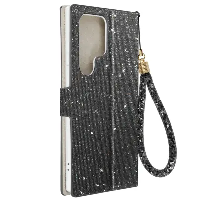 Ultra blešcec ovitek za Samsung S23, vgrajena denarnica, Disco Glam Edition crna