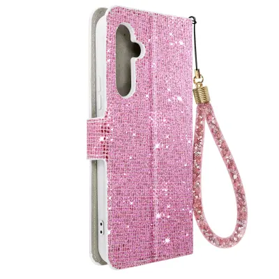 Ovitek z blešcicami za Samsung A54 5G, vgrajena denarnica, Disco Glam Edition - roza
