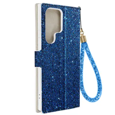 Ultra blešcec ovitek za Samsung S23, vgrajena denarnica, Disco Glam Edition modra