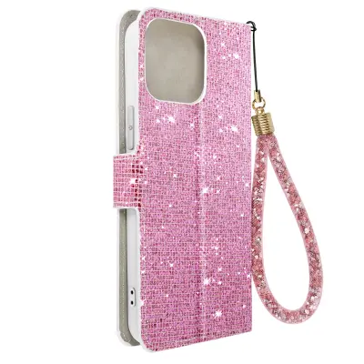 Ovitek z blešcicami za iPhone 14 Pro, vgrajena denarnica, Disco Glam Edition - roza