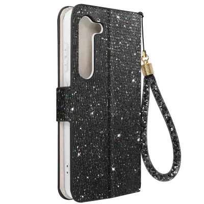 Ovitek z blešcicami za Samsung S23, vgrajena denarnica, Disco Glam Edition - crn