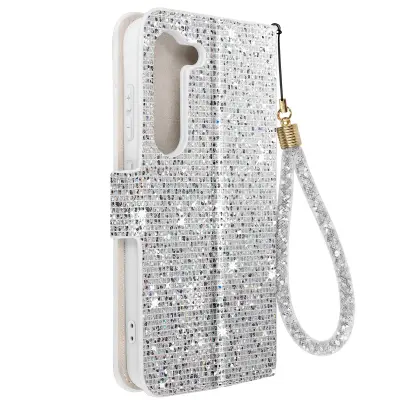 Ovitek z blešcicami za Samsung S23, vgrajena denarnica, Disco Glam Edition - srebrn