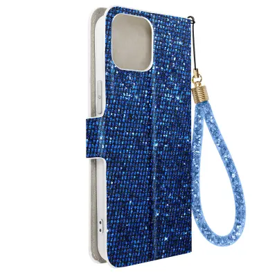 Ovitek z blešcicami za iPhone 15 Plus, vgrajena denarnica, Disco Glam Edition - moder