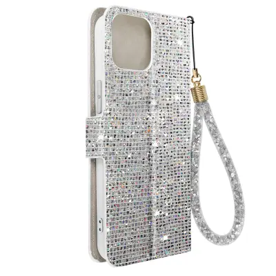 Ovitek z blešcicami za iPhone 15 Plus, vgrajena denarnica, Disco Glam Edition - srebrn