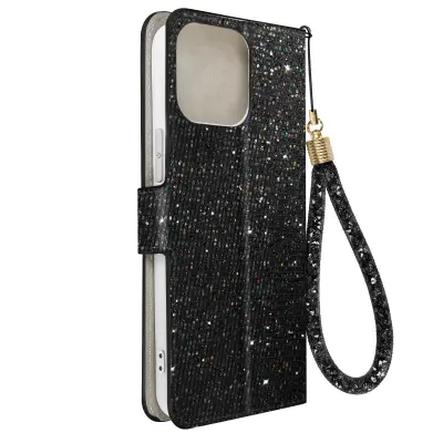 Ovitek z blešcicami za iPhone 14 Pro Max, vgrajena denarnica, Disco Glam Edition - crn