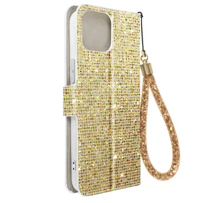 Ovitek z blešcicami za iPhone 15, vgrajena denarnica, Disco Glam Edition - zlata