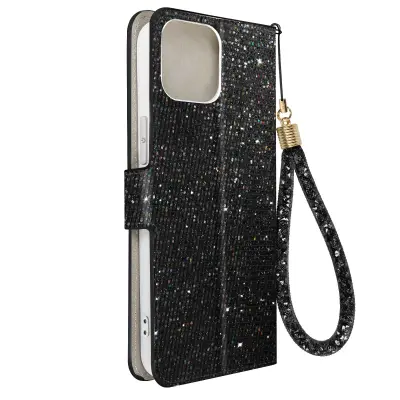 Ovitek z blešcicami za iPhone 15, vgrajena denarnica, Disco Glam Edition - crn