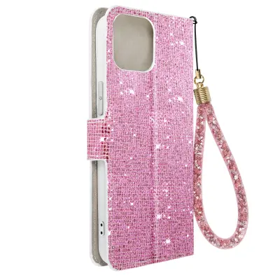 Ovitek z blešcicami za iPhone 15, vgrajena denarnica, Disco Glam Edition - roza