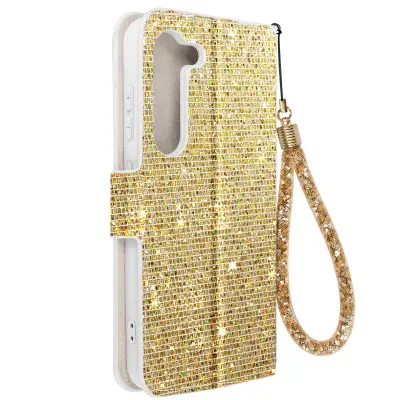 Ovitek z blešcicami za Samsung S23, vgrajena denarnica, Disco Glam Edition - zlata