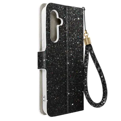 Ovitek z blešcicami za Samsung A34 5G, vgrajena denarnica, Disco Glam Edition - crn