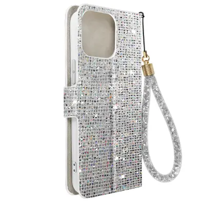 Ovitek z blešcicami za iPhone 14 Pro, vgrajena denarnica, Disco Glam Edition - srebrn