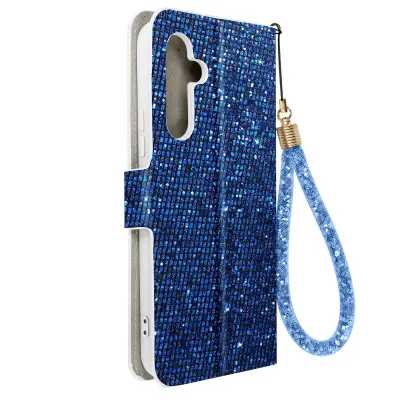 Ovitek z blešcicami za Samsung A54 5G, vgrajena denarnica, Disco Glam Edition - modra