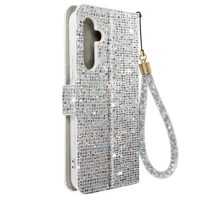 Ovitek z blešcicami za Samsung A54 5G, vgrajena denarnica, Disco Glam Edition - srebrn