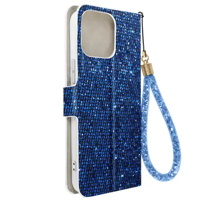 Ovitek z blešcicami za iPhone 15 Pro Max, vgrajena denarnica, Disco Glam Edition - modra