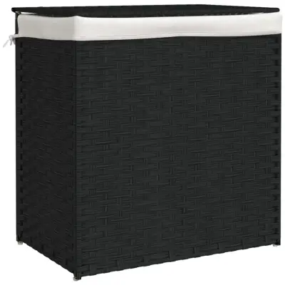 vidaXL Košara za perilo z 2 predelkoma črna 53x35x57 cm poli ratan