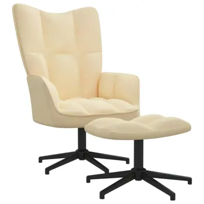 vidaXL Stol za sproščanje s stolčkom kremno bel žamet