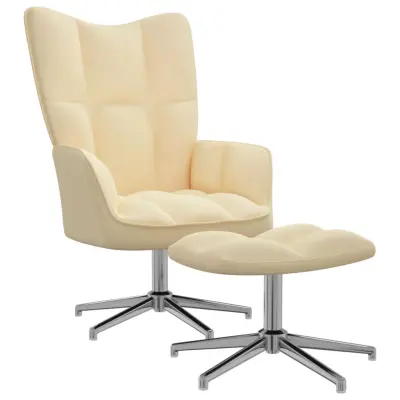 vidaXL Stol za sproščanje s stolčkom kremno bel žamet