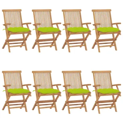 vidaXL Vrtni stoli s svetlo zelenimi blazinami 8 kosov trdna tikovina