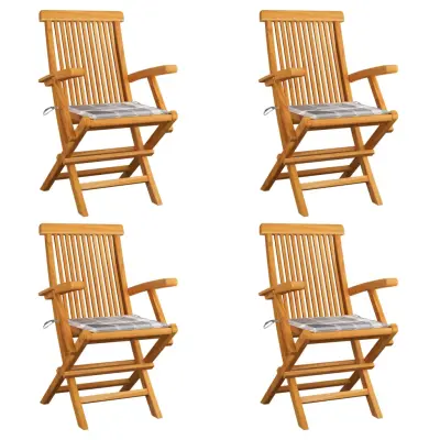 vidaXL Vrtni stoli s sivimi karo blazinami 4 kosi trdna tikovina