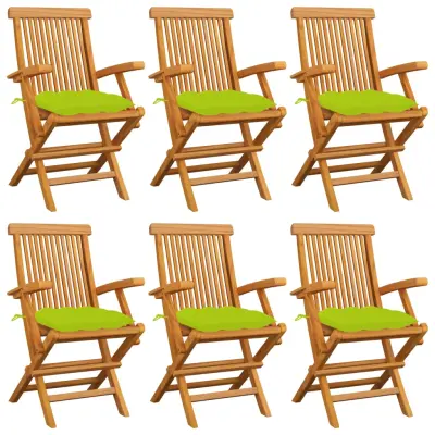 vidaXL Vrtni stoli s svetlo zelenimi blazinami 6 kosov trdna tikovina