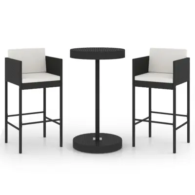 vidaXL Vrtna barska garnitura 3-delna z blazinami poli ratan črna