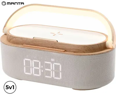 MANTA RDI920 VERONA radijski sprejemnik/ura/budilka/brezžični polnilec, 5v1, FM Radio, Bluetooth 5.0, polnilna baterija, LED luč, USB-C, bel