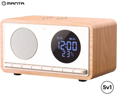 MANTA RDI912 RIMINI radijski sprejemnik/ura/budilka/brezžični polnilec, 5v1, FM Radio, Bluetooth 5.1, polnilna baterija, microSD/AUX/USB-C, bel
