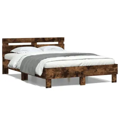 vidaXL Posteljni okvir z vzglavjem dimljen hrast 135x190 cm inž. les