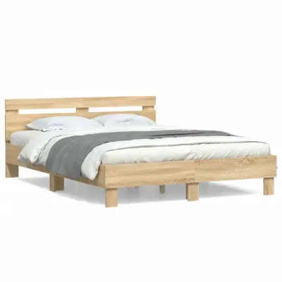 vidaXL Posteljni okvir z vzglavjem sonoma hrast 150x200 cm inž. les