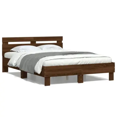 vidaXL Posteljni okvir z vzglavjem rjavi hrast 135x190 cm inž. les