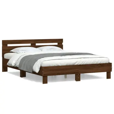 vidaXL Posteljni okvir z vzglavjem rjavi hrast 140x200 cm inž. les