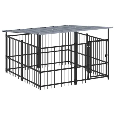 vidaXL Zunanji pasji boks s streho jeklen 3,75 m²
