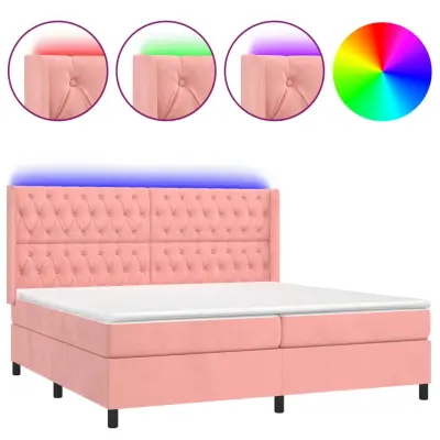 vidaXL Box spring postelja z vzmetnico LED roza 160x200 cm žamet