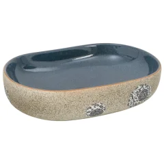 vidaXL Nadpultni umivalnik peščen in moder ovalen 59x40x14 cm keramika