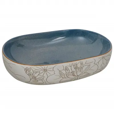 vidaXL Nadpultni umivalnik peščen in moder ovalen 59x40x14 cm keramika