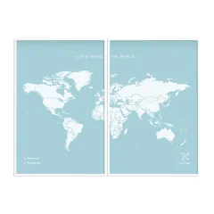 Zemljevid iz plute - barvni zemljevid Woody modra / 120 x 90 cm / bel okvir