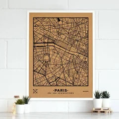 Zemljevid iz plute - Woody Map Natural Paris / 90 x 60 cm / črno / bel okvir