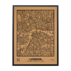 Zemljevid iz plute - Woody Map Natural London / 90 x 60 cm / črn / črn okvir