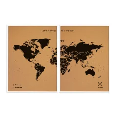 Zemljevid sveta iz plute - Woody Map Natural World / 120 x 90 cm / črno / bel okvir