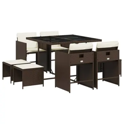 vidaXL Vrtna jedilna garnitura 9-delna z blazinami rjav poli ratan