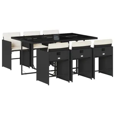 vidaXL Vrtna jedilna garnitura 7-delna z blazinami črna poli ratan