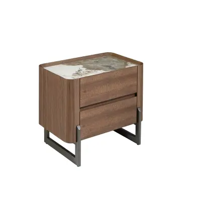 Nocna omarica iz oreha in kovinskega temnega jekla s porcelanastim marmorjem
